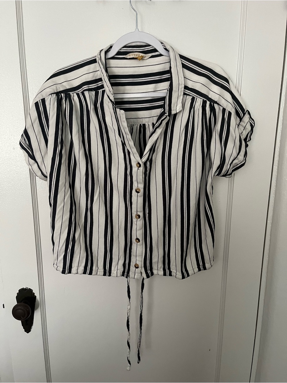 DownEast Black & White Striped Button-Front Tie-Hem Top